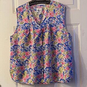 Cozee Corner Sz 1X Womens Blouse Snap Up Sleeveless Multi Floral 2 Pockets